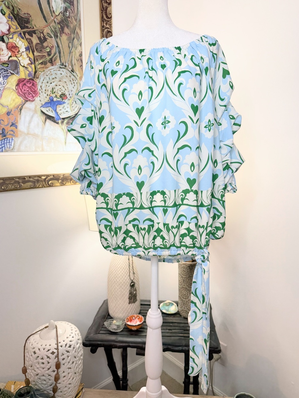 CeCe Blouse Large Blue Green Floral Scroll Off Shoulder Ruffle Sleeve Boho Top